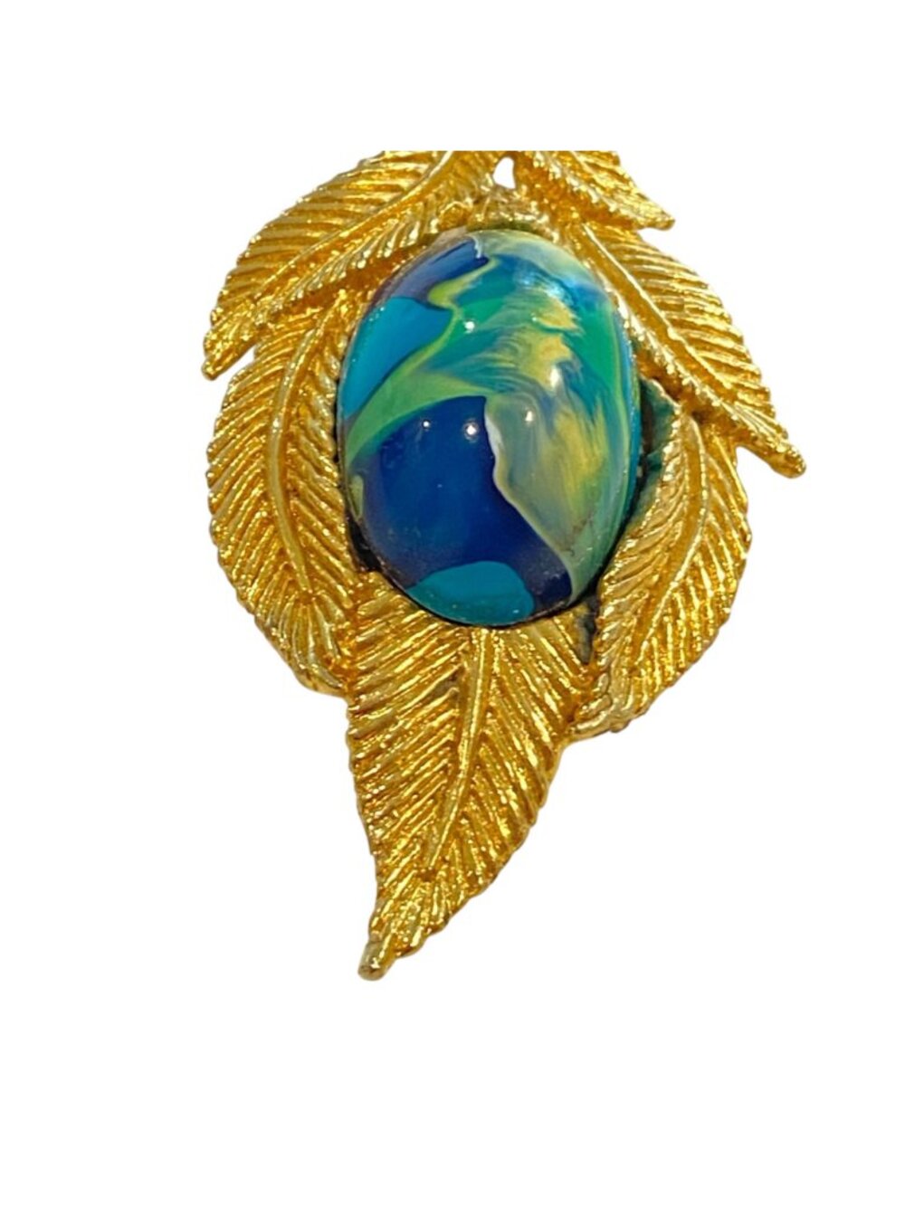Gold-Tone Leaf Brooch With Blue & Green Swirl Cabochon 2.5 Inches Artist fermini - Picture 3 of 16